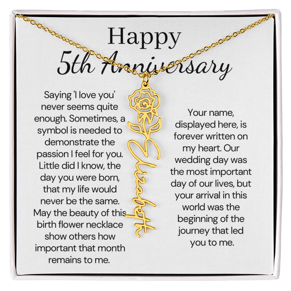 Personalized 5th Wedding Anniversary Gift for Wife – Customized Birth Flower Name Necklace – Unique Fifth Anniversary Gift Ideas for Wife from Husband