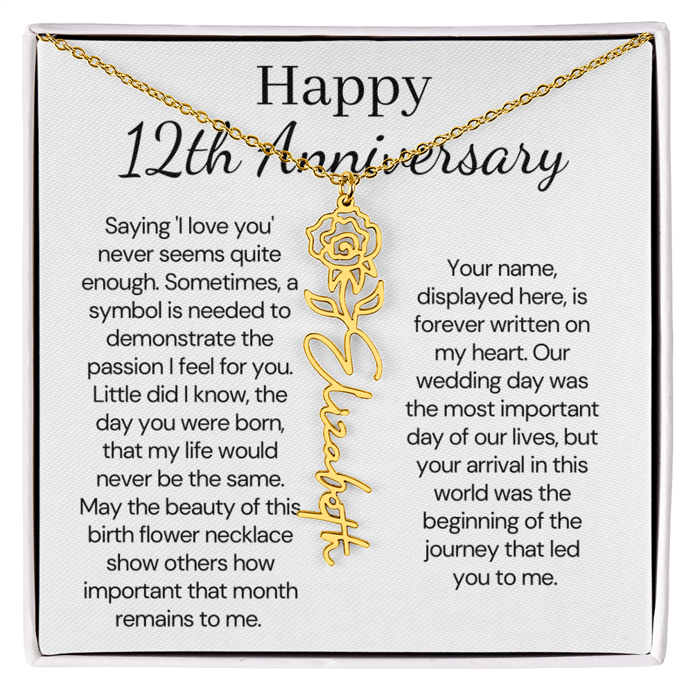 Personalized 12th Anniversary Gift for Wife – Customized Birth Flower Name Necklace – Unique Twelfth Wedding Anniversary Gift Ideas for Wife