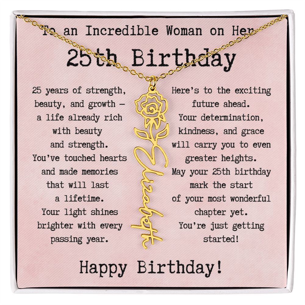 Personalized 25th Birthday Gift for Her – Customized Birth Flower Name Necklace – Unique Twenty-Fifth Birthday Jewelry Gift from Grandma, Mom, Aunt, or Friend
