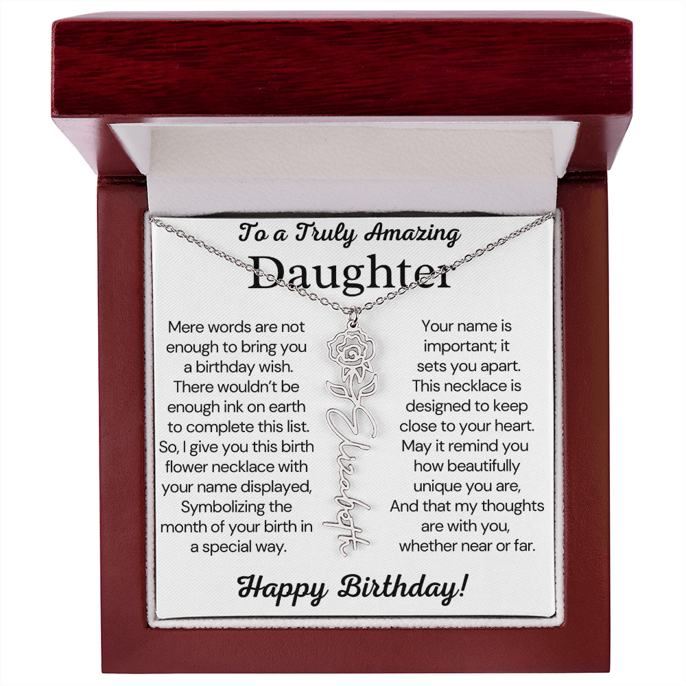Personalized Birthday Gift for Daughter – Customized Birth Flower Name Necklace – Birthday Jewelry Gift from Mom or Dad