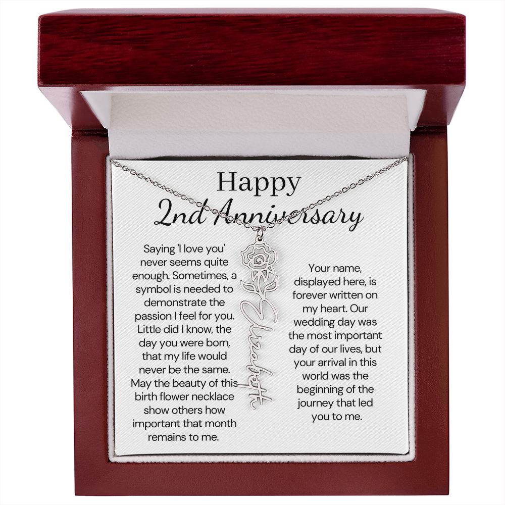 Personalized 2nd Wedding Anniversary Gift for Wife – Customized Birth Flower Name Necklace – Unique second Anniversary Gift Ideas for Wife from Husband