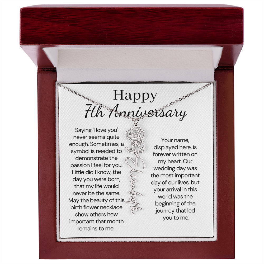 Personalized 7th Wedding Anniversary Gift for Wife – Customized Birth Flower Name Necklace – Unique Seventh Anniversary Gift Ideas for Wife from Husband