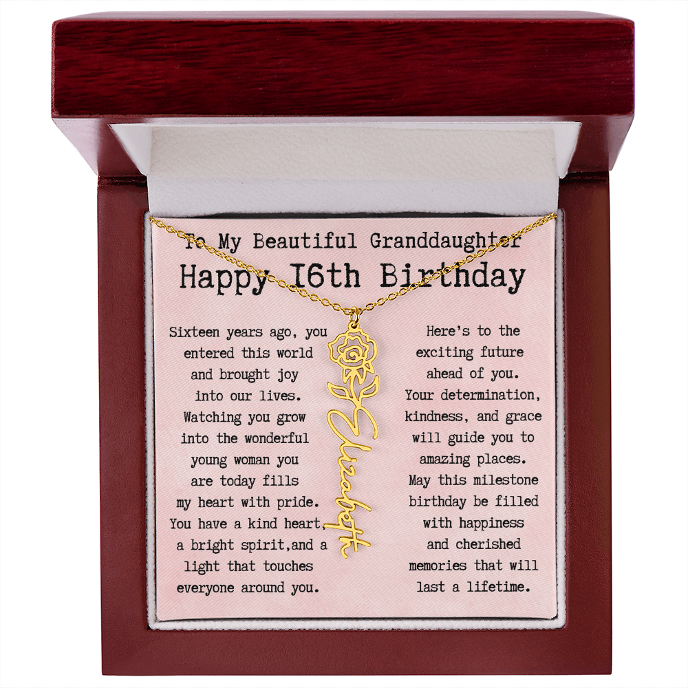 Personalized 16th Birthday Gift for Granddaughter – Customized Birth Flower Name Necklace – Sweet Sixteenth Jewelry Gift from Grandma