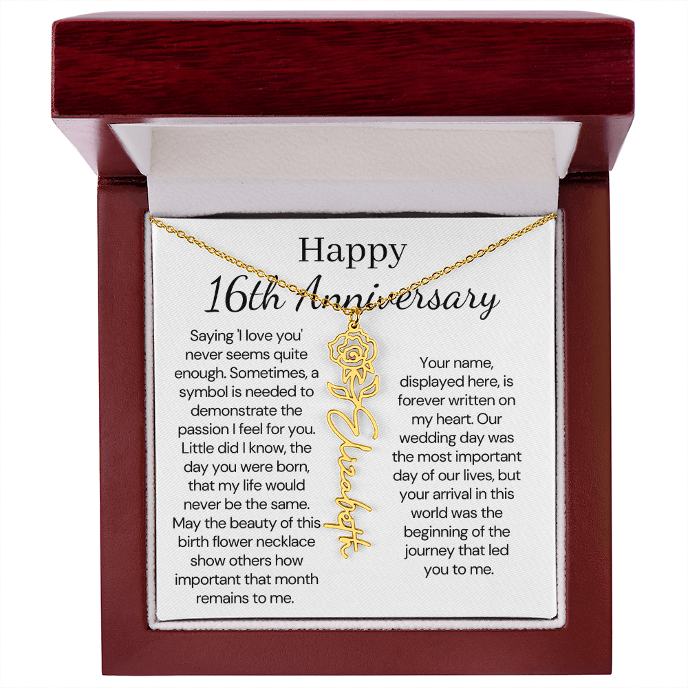 Personalized 16th Anniversary Gift for Wife – Customized Birth Flower Name Necklace – Unique Sixteenth Wedding Anniversary Gift Ideas for Wife