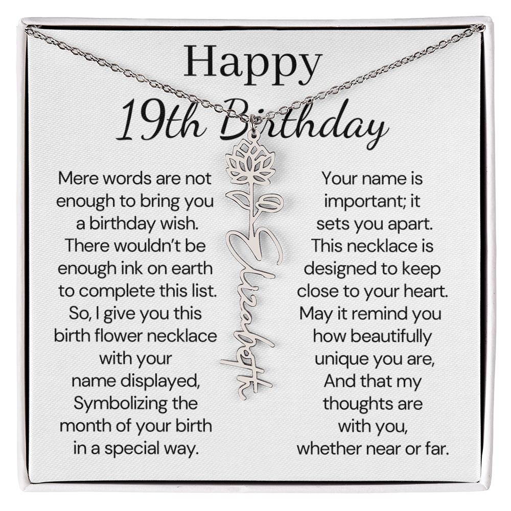 Personalized 19th Birthday Gift for Her  – Customized Birth Flower Name Necklace – 19th Birthday Jewelry Gift for Granddaughter, Daughter, or Niece