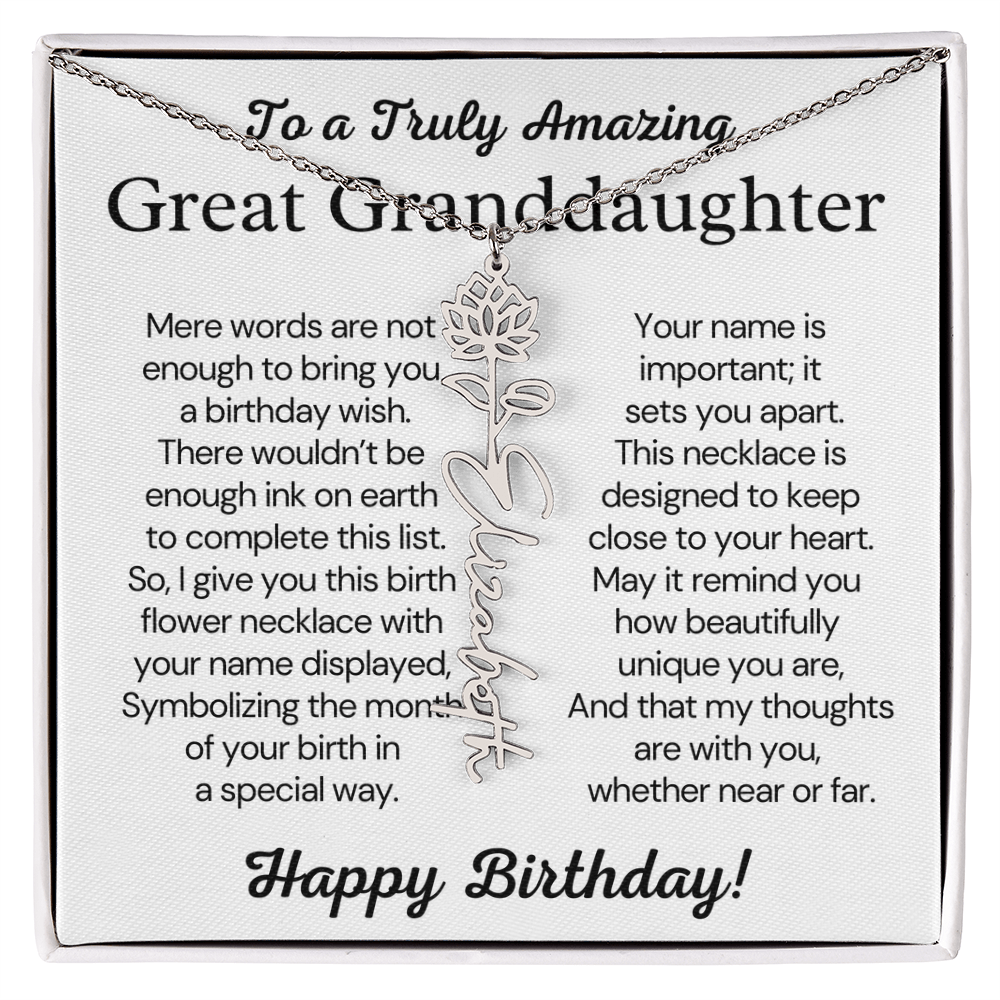 Personalized Birthday Gift for Great Granddaughter – Customized Birth Flower Name Necklace – Custom Jewelry Gift from Grandma