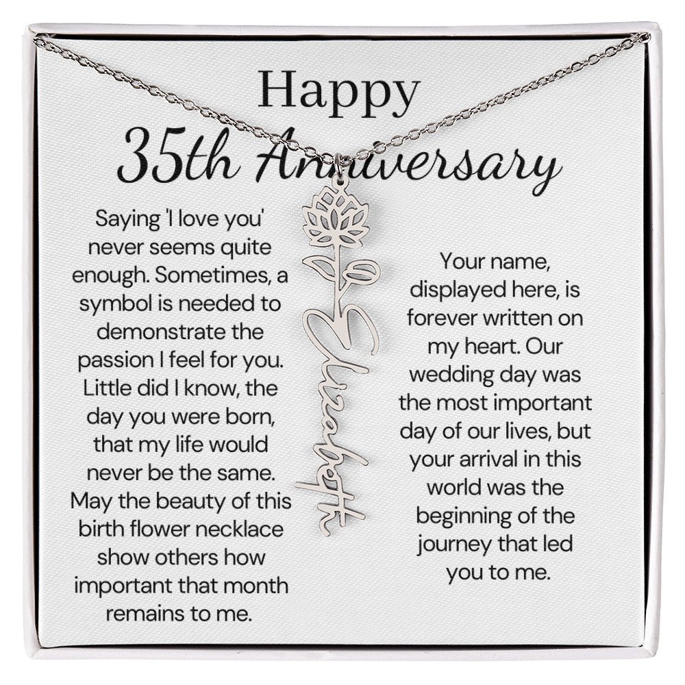 Personalized 35th Anniversary Gift for Wife – Customized Birth Flower Name Necklace – Unique Thirty-Fifth Wedding Anniversary Gift Ideas for Wife from Husband