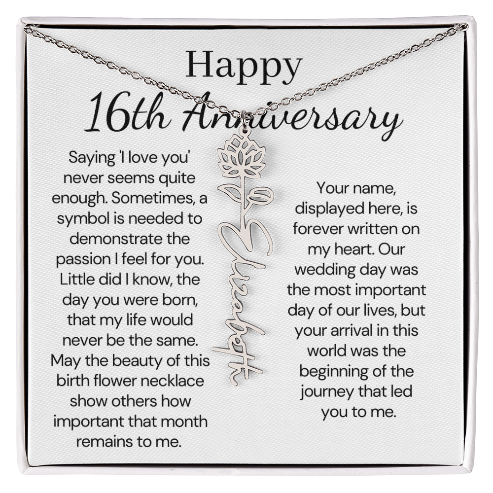 Personalized 16th Anniversary Gift for Wife – Customized Birth Flower Name Necklace – Unique Sixteenth Wedding Anniversary Gift Ideas for Wife