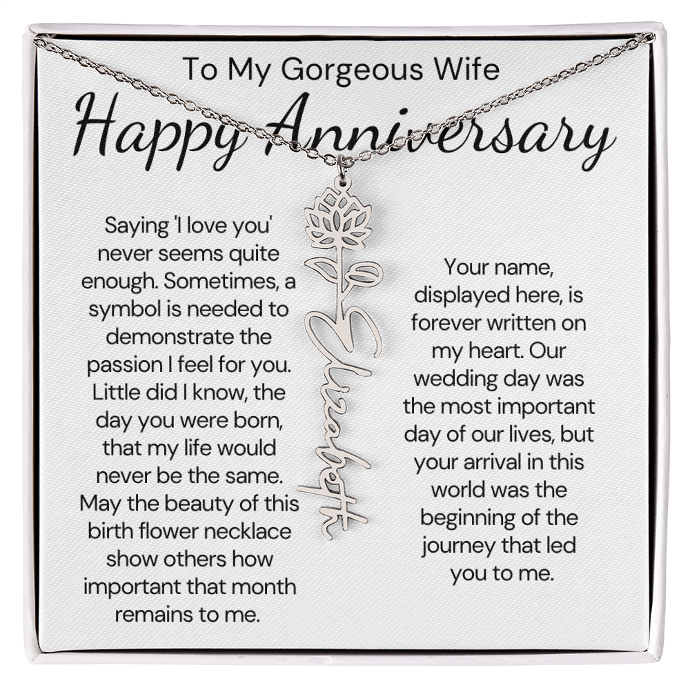 Personalized Anniversary Gift for Wife – Customized Birth Flower Name Necklace – Unique Wedding Anniversary Jewelry Gift from Husband