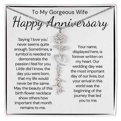 Personalized Anniversary Gift for Wife – Customized Birth Flower Name Necklace – Unique Wedding Anniversary Jewelry Gift from Husband