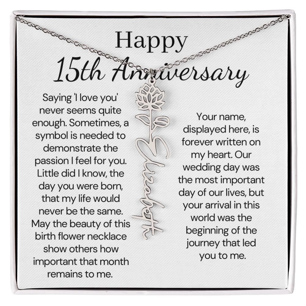Personalized 15th Anniversary Gift for Wife – Customized Birth Flower Name Necklace – Unique Fifteenth Wedding Anniversary Gift Ideas for Wife from Husband