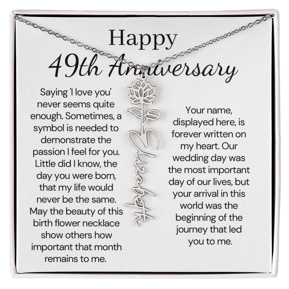 Personalized 49th Anniversary Gift for Wife – Customized Birth Flower Name Necklace – Unique Forty-Ninth Wedding Anniversary Gift Ideas for Wife from Husband