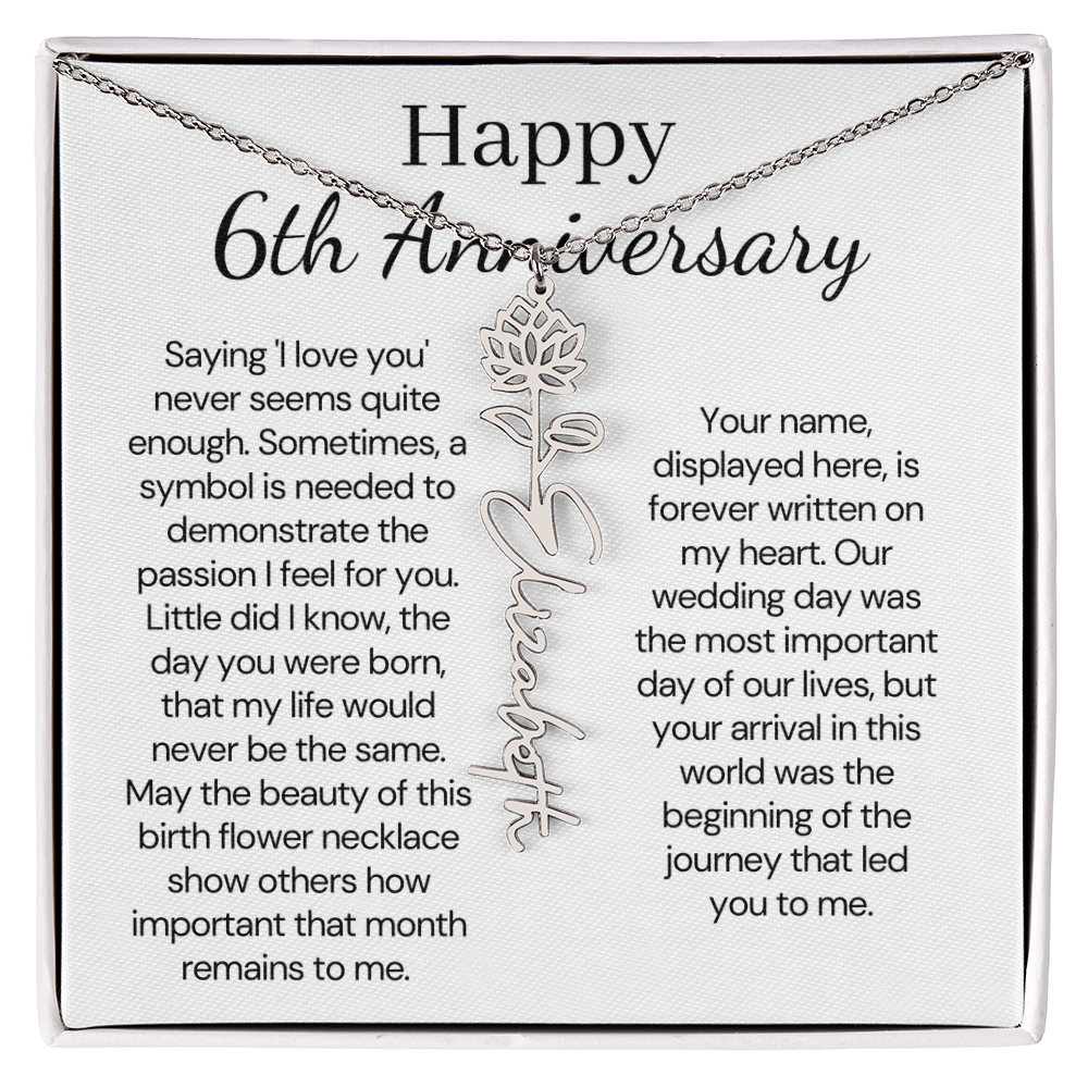 Personalized 6th Wedding Anniversary Gift for Wife – Customized Birth Flower Name Necklace – Unique Sixth Anniversary Gift Ideas for Wife from Husband
