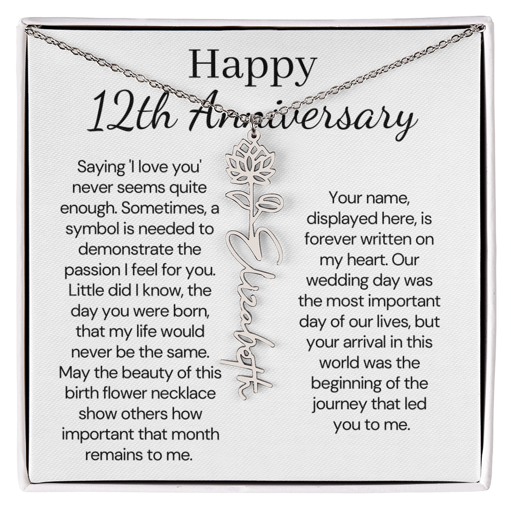 Personalized 12th Anniversary Gift for Wife – Customized Birth Flower Name Necklace – Unique Twelfth Wedding Anniversary Gift Ideas for Wife
