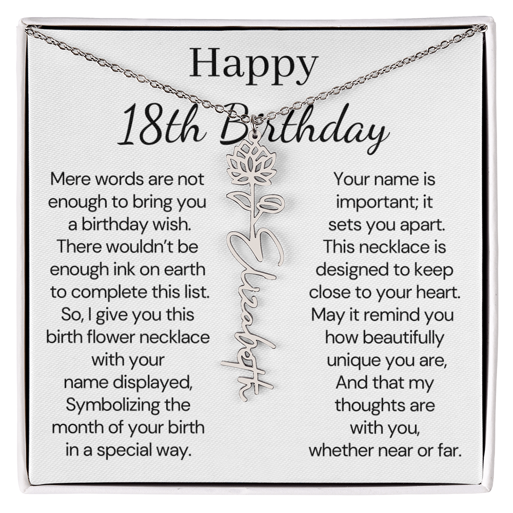 Personalized 18th Birthday Gift for Her  – Customized Birth Flower Name Necklace – 18th Birthday Jewelry Gift for Granddaughter, Daughter, or Niece