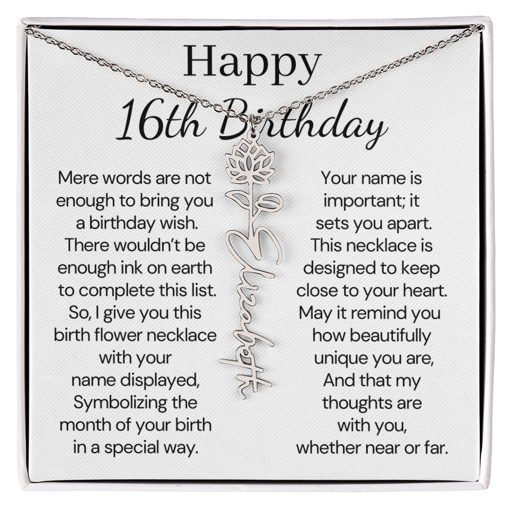 Personalized 16th Birthday Gift for Her  – Customized Birth Flower Name Necklace – Jewelry Gift for Granddaughter, Daughter, or Niece