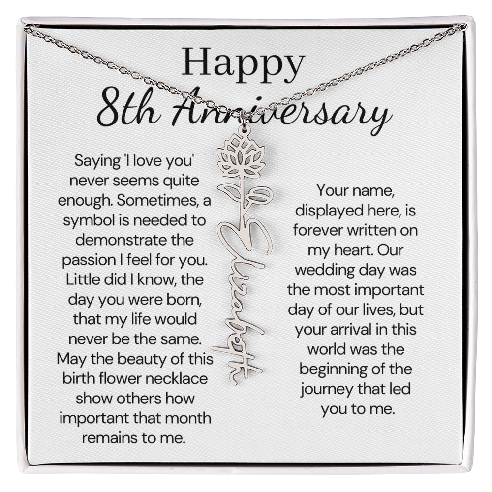 Personalized 8th Wedding Anniversary Gift for Wife – Customized Birth Flower Name Necklace – Unique Eighth Anniversary Gift Ideas for Wife from Husband