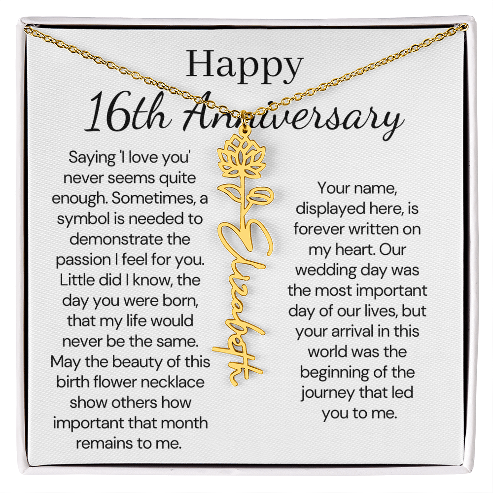 Personalized 16th Anniversary Gift for Wife – Customized Birth Flower Name Necklace – Unique Sixteenth Wedding Anniversary Gift Ideas for Wife