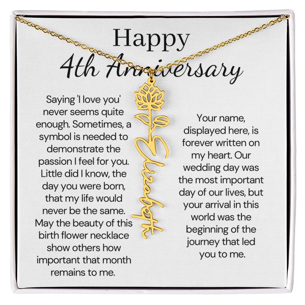 Personalized 4th Wedding Anniversary Gift for Wife – Customized Birth Flower Name Necklace – Unique Anniversary Gift Ideas for Wife from Husband