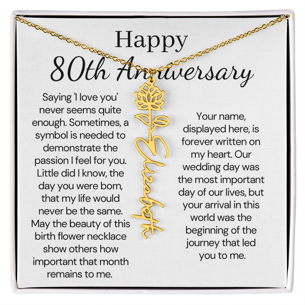 Personalized 80th Anniversary Gift for Wife – Customized Birth Flower Name Necklace – Unique Eightieth Wedding Anniversary Gift Ideas for Wife from Husband