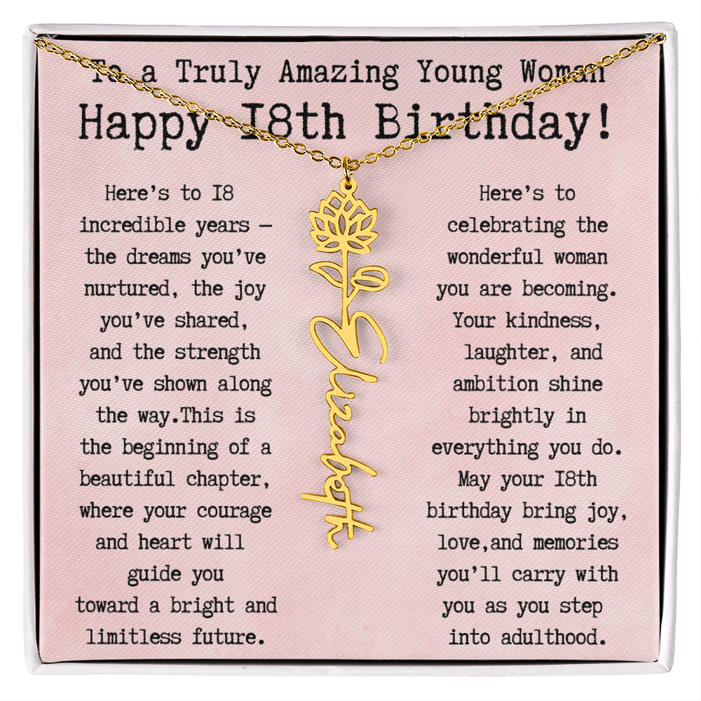 Personalized 18th Birthday Gift for Her – Customized Birth Flower Name Necklace – Unique Eighteenth Birthday Jewelry Gift from Grandma, Mom, Aunt, or Friend