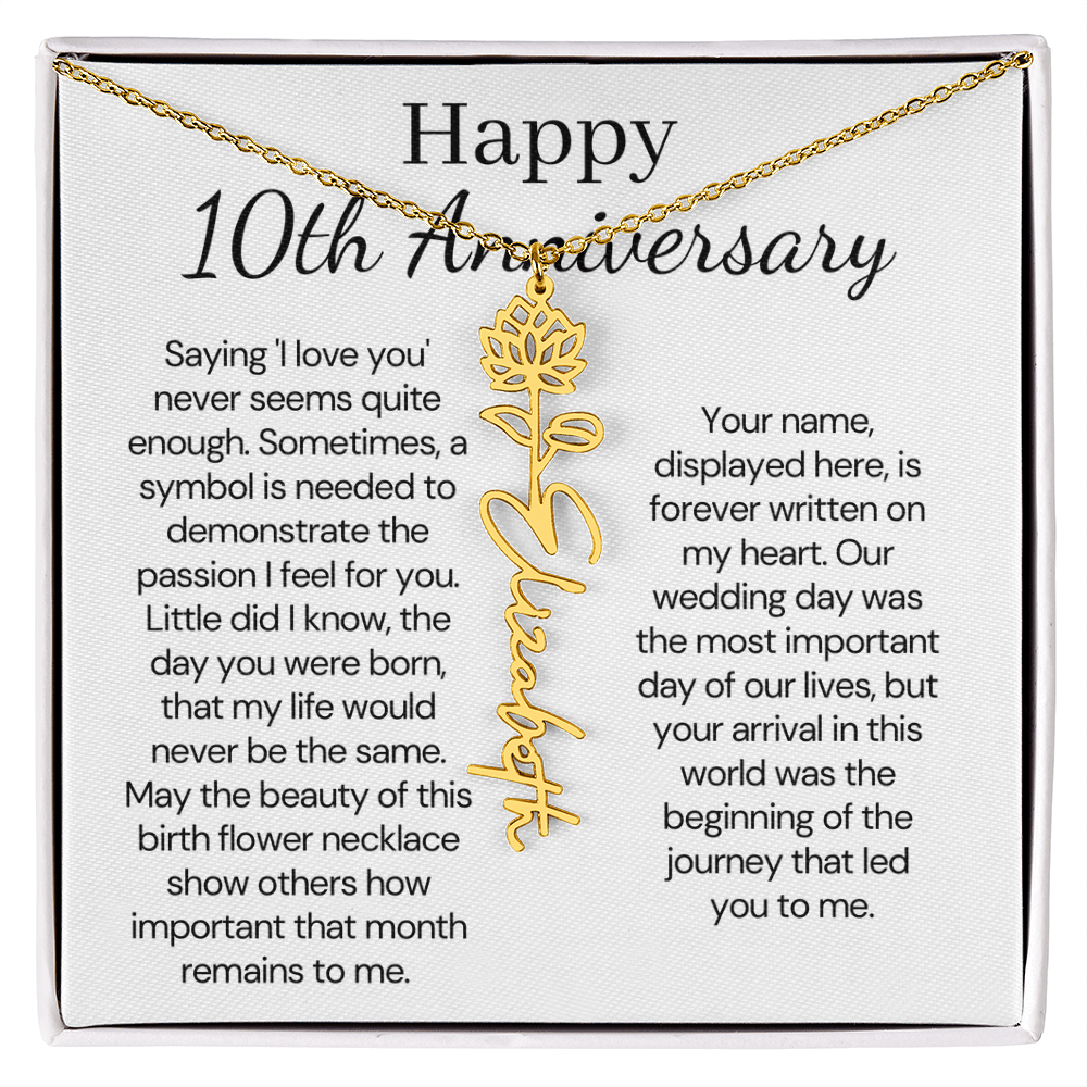 Personalized 10th Wedding Anniversary Gift for Wife – Customized Birth Flower Name Necklace – Unique Tenth Anniversary Gift Ideas for Wife from Husband