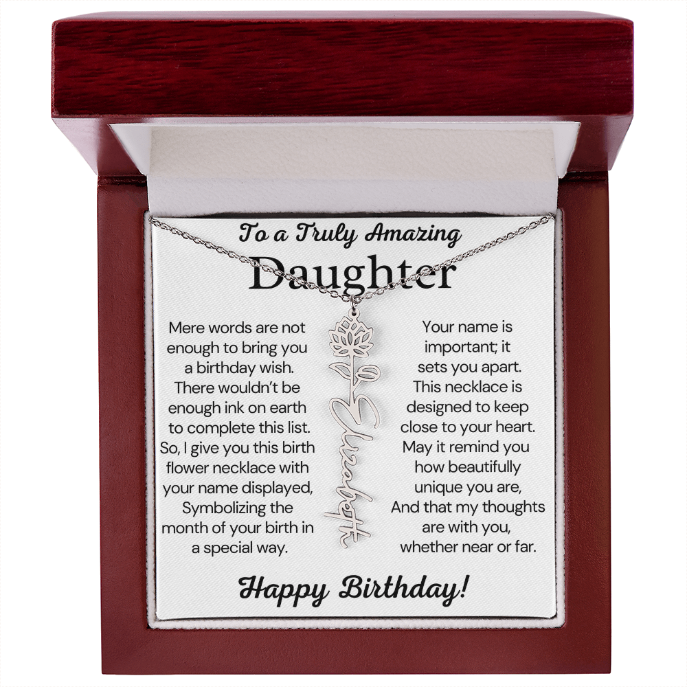 Personalized Birthday Gift for Daughter – Customized Birth Flower Name Necklace – Birthday Jewelry Gift from Mom or Dad