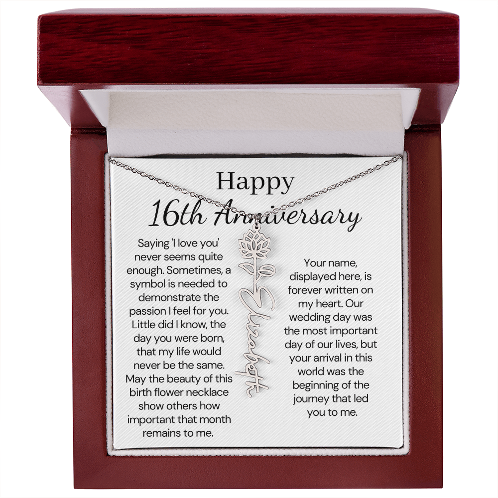 Personalized 16th Anniversary Gift for Wife – Customized Birth Flower Name Necklace – Unique Sixteenth Wedding Anniversary Gift Ideas for Wife