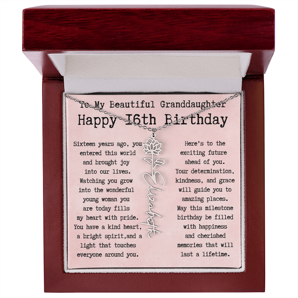 Personalized 16th Birthday Gift for Granddaughter – Customized Birth Flower Name Necklace – Sweet Sixteenth Jewelry Gift from Grandma