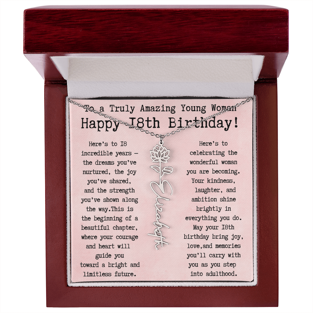 Personalized 18th Birthday Gift for Her – Customized Birth Flower Name Necklace – Unique Eighteenth Birthday Jewelry Gift from Grandma, Mom, Aunt, or Friend