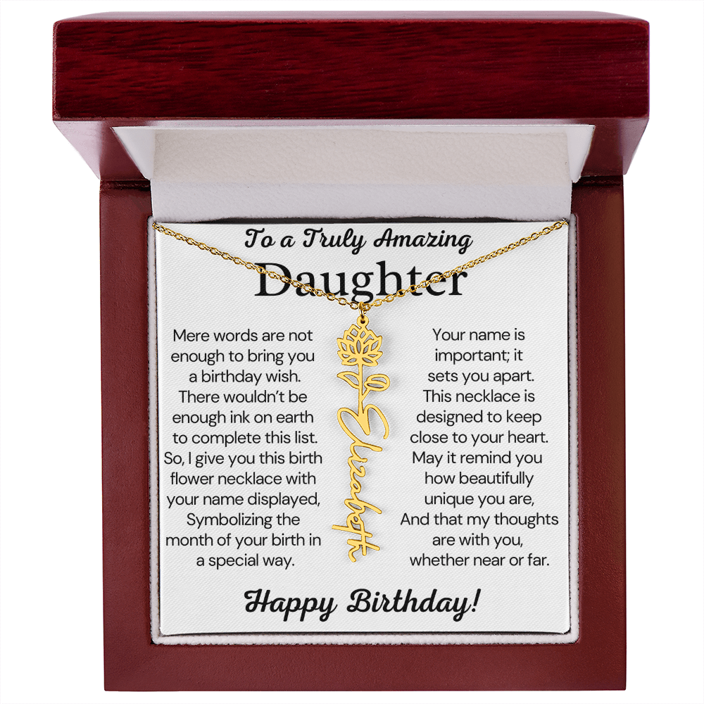 Personalized Birthday Gift for Daughter – Customized Birth Flower Name Necklace – Birthday Jewelry Gift from Mom or Dad