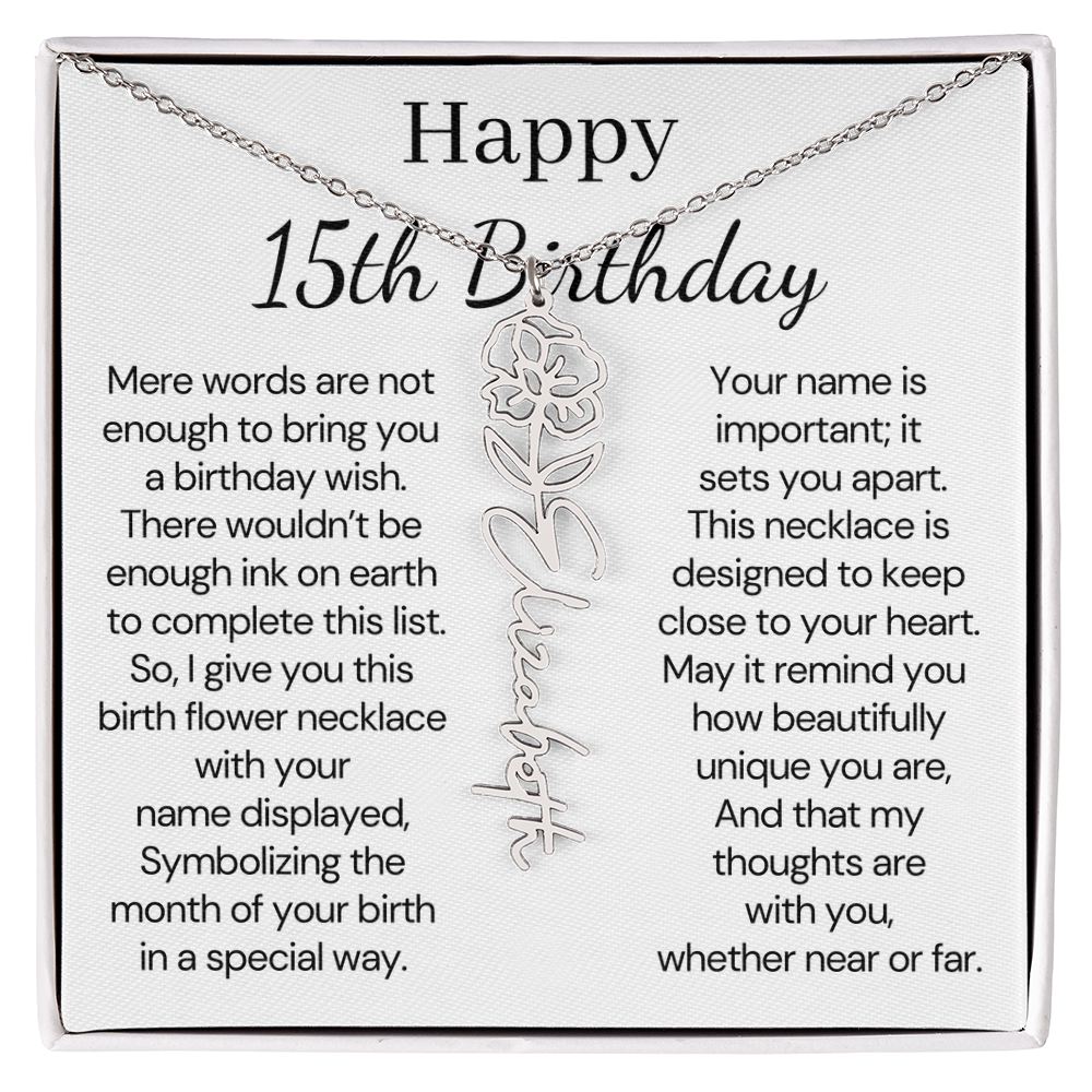 Personalized 15th Birthday Gift for Her – Customized Birth Flower Name Necklace – 15th Birthday Jewelry Gift for Granddaughter, Daughter, or Niece