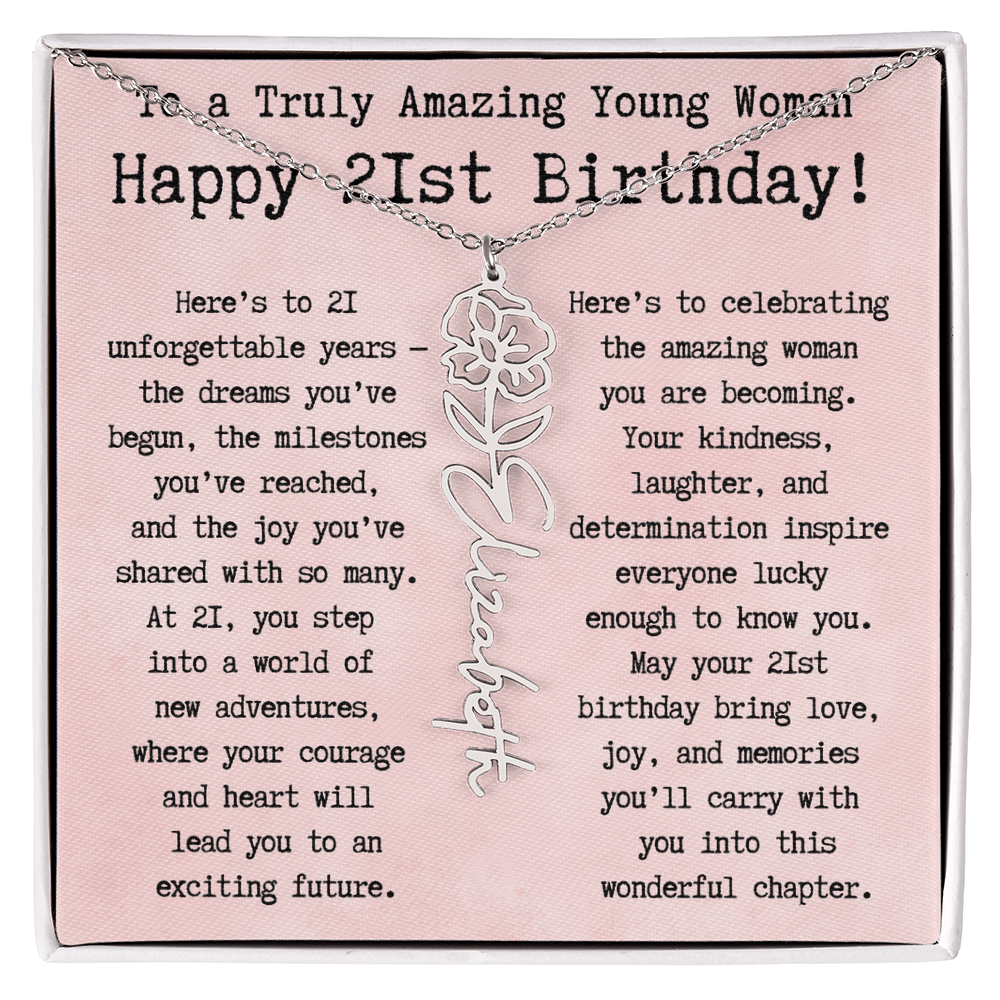 Personalized 21st Birthday Gift for Her – Customized Birth Flower Name Necklace – Unique Twenty-First Birthday Jewelry Gift from Grandma, Mom, Aunt, or Friend