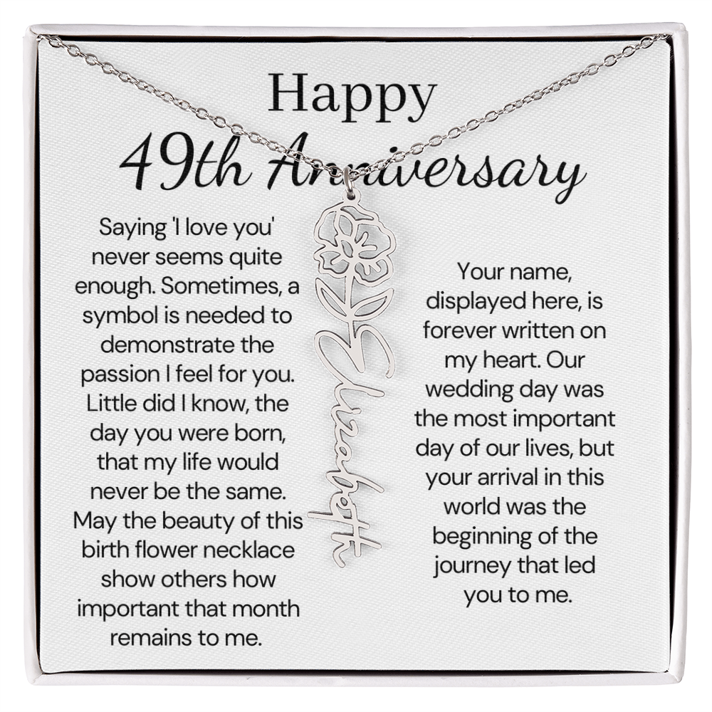 Personalized 49th Anniversary Gift for Wife – Customized Birth Flower Name Necklace – Unique Forty-Ninth Wedding Anniversary Gift Ideas for Wife from Husband