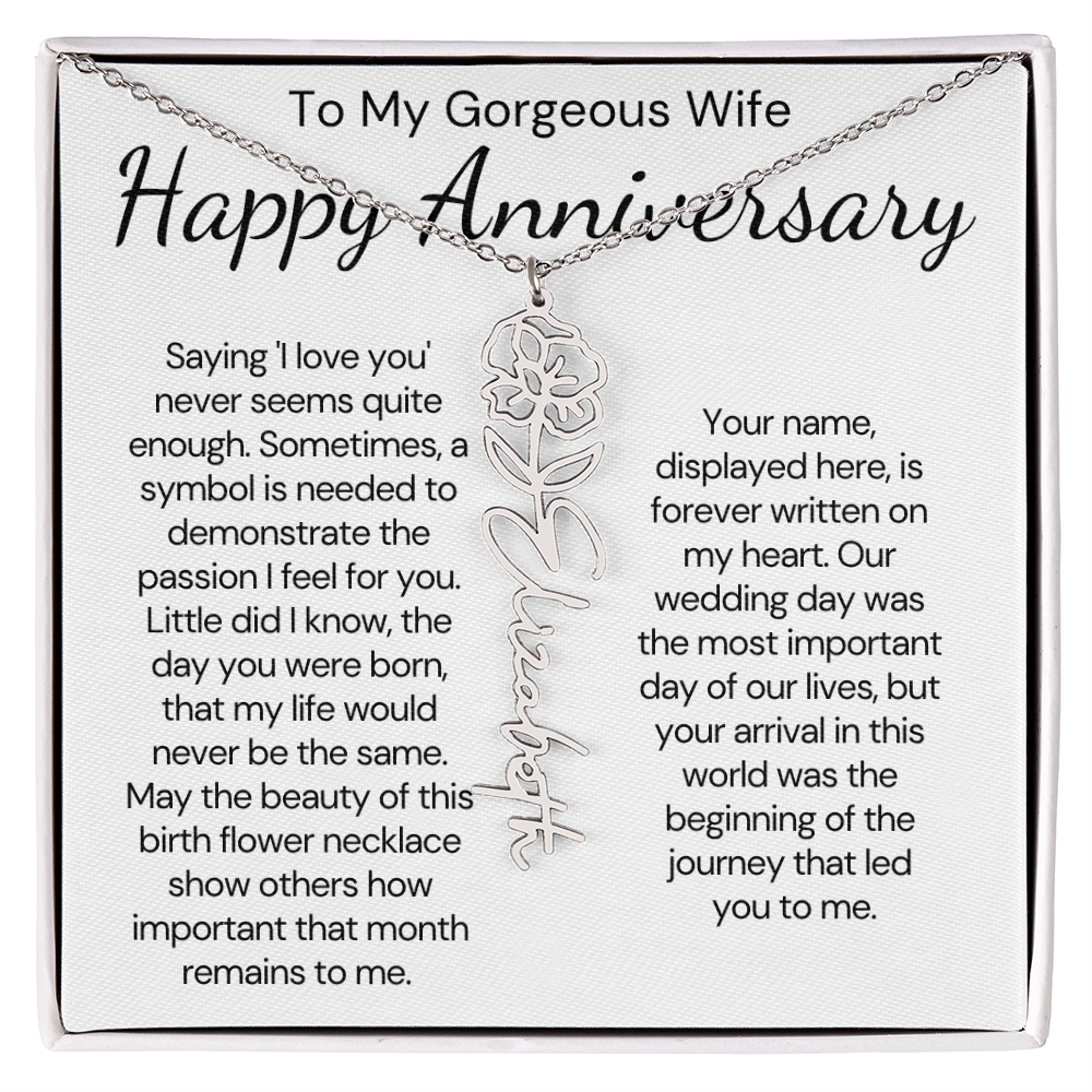 Personalized Anniversary Gift for Wife – Customized Birth Flower Name Necklace – Unique Wedding Anniversary Jewelry Gift from Husband