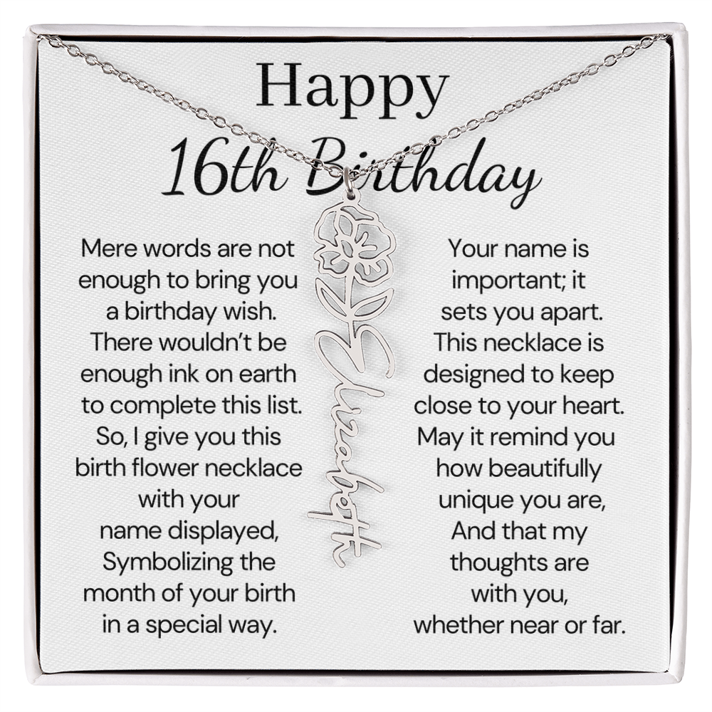 Personalized 16th Birthday Gift for Her  – Customized Birth Flower Name Necklace – Jewelry Gift for Granddaughter, Daughter, or Niece