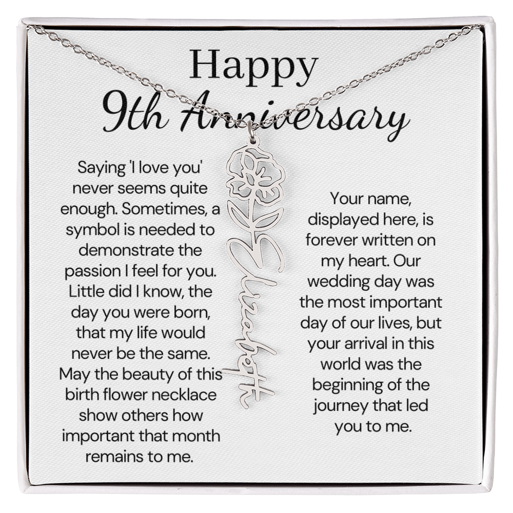 Personalized 9th Wedding Anniversary Gift for Wife – Customized Birth Flower Name Necklace – Unique Ninth Anniversary Gift Ideas for Wife from Husband