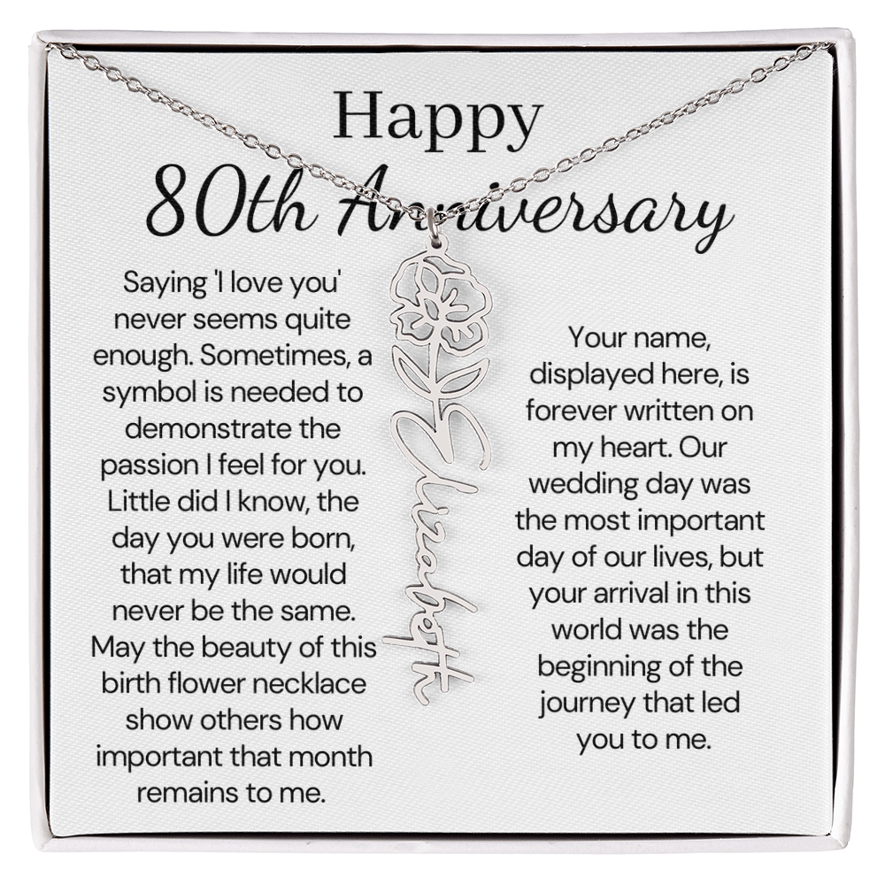 Personalized 80th Anniversary Gift for Wife – Customized Birth Flower Name Necklace – Unique Eightieth Wedding Anniversary Gift Ideas for Wife from Husband