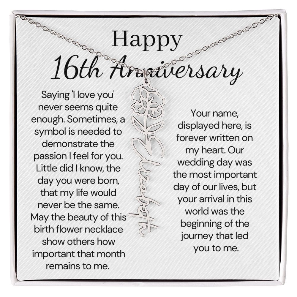 Personalized 16th Anniversary Gift for Wife – Customized Birth Flower Name Necklace – Unique Sixteenth Wedding Anniversary Gift Ideas for Wife