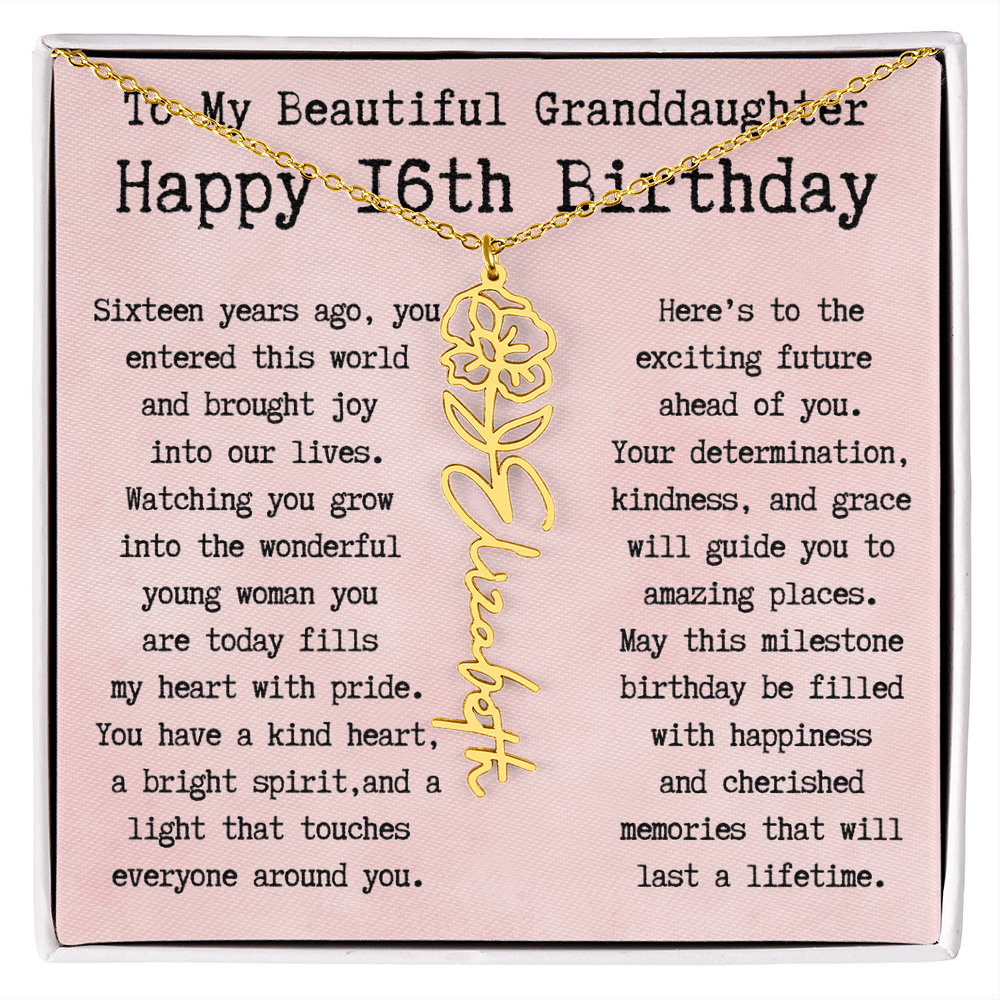 Personalized 16th Birthday Gift for Granddaughter – Customized Birth Flower Name Necklace – Sweet Sixteenth Jewelry Gift from Grandma