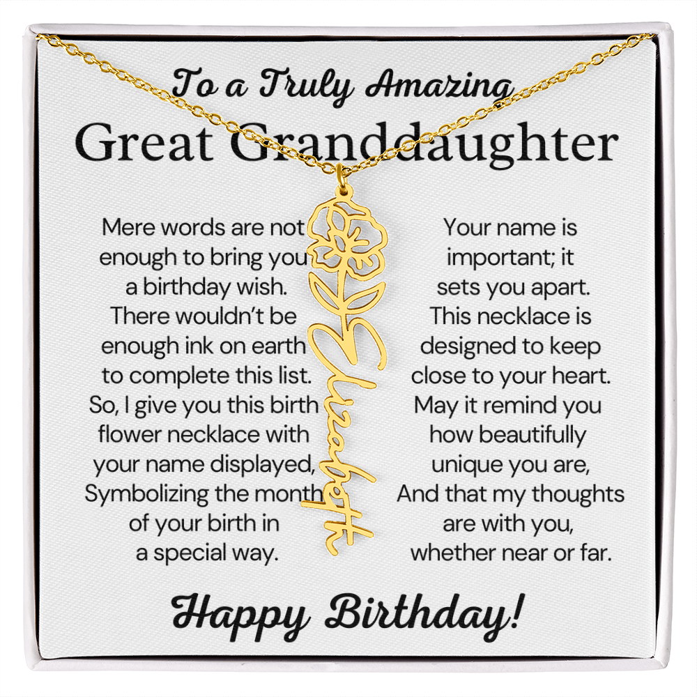 Personalized Birthday Gift for Great Granddaughter – Customized Birth Flower Name Necklace – Custom Jewelry Gift from Grandma