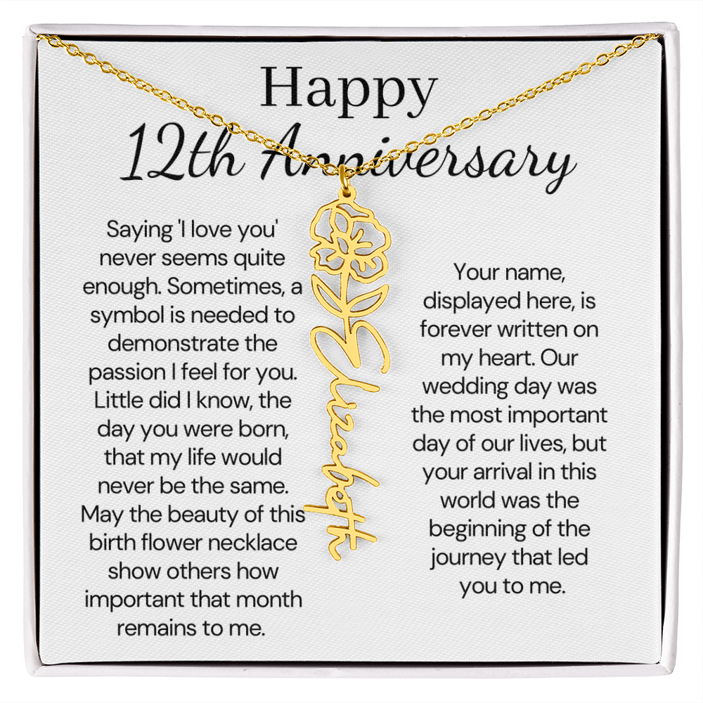 Personalized 12th Anniversary Gift for Wife – Customized Birth Flower Name Necklace – Unique Twelfth Wedding Anniversary Gift Ideas for Wife