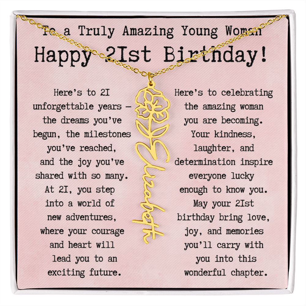 Personalized 21st Birthday Gift for Her – Customized Birth Flower Name Necklace – Unique Twenty-First Birthday Jewelry Gift from Grandma, Mom, Aunt, or Friend
