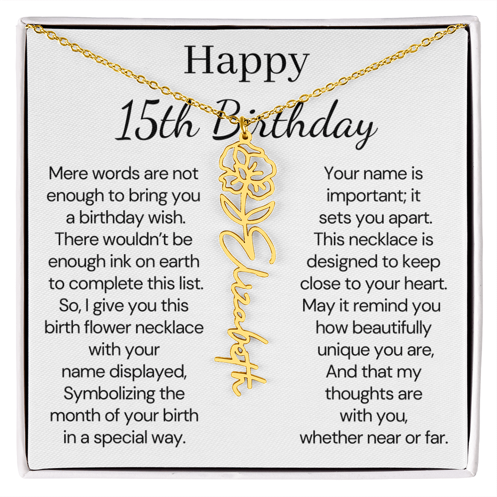 Personalized 15th Birthday Gift for Her – Customized Birth Flower Name Necklace – 15th Birthday Jewelry Gift for Granddaughter, Daughter, or Niece