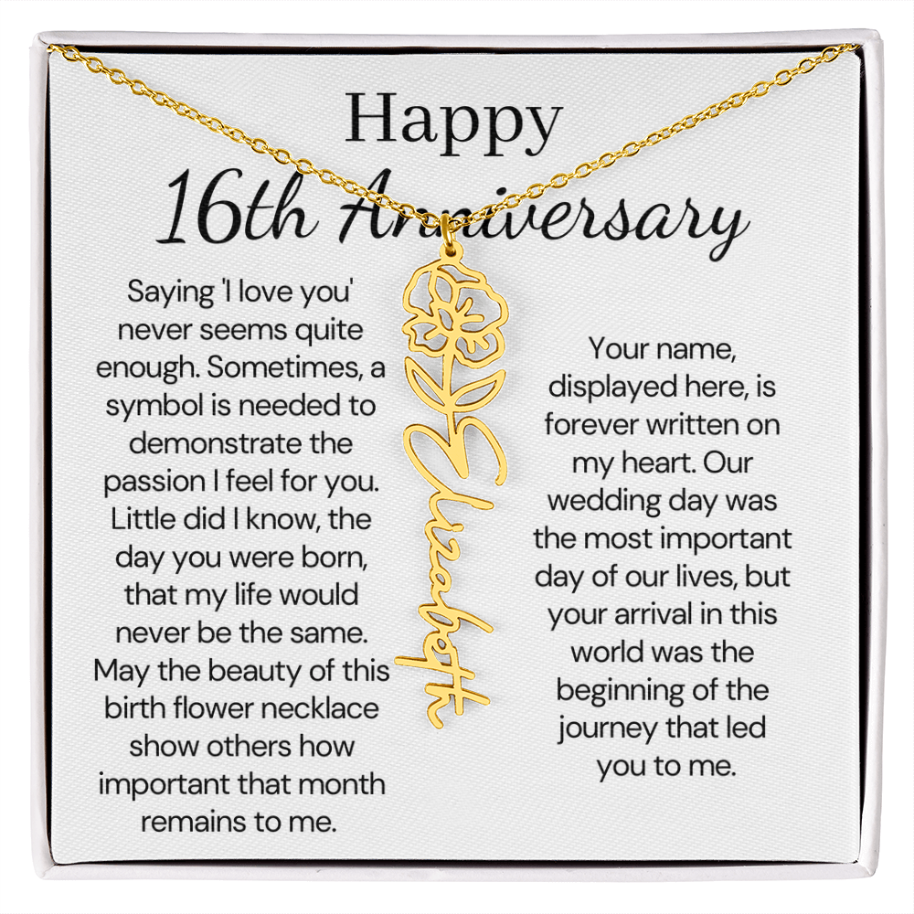 Personalized 16th Anniversary Gift for Wife – Customized Birth Flower Name Necklace – Unique Sixteenth Wedding Anniversary Gift Ideas for Wife
