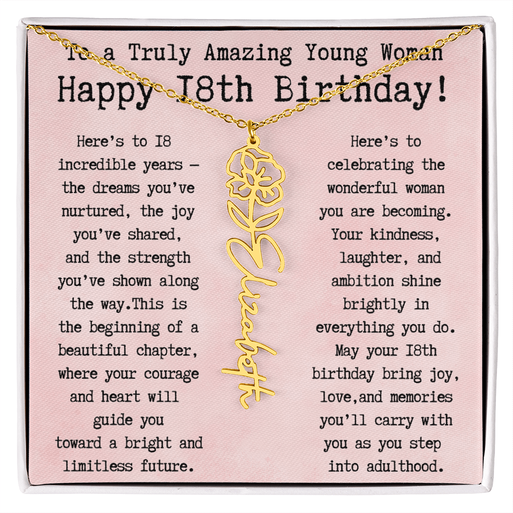 Personalized 18th Birthday Gift for Her – Customized Birth Flower Name Necklace – Unique Eighteenth Birthday Jewelry Gift from Grandma, Mom, Aunt, or Friend