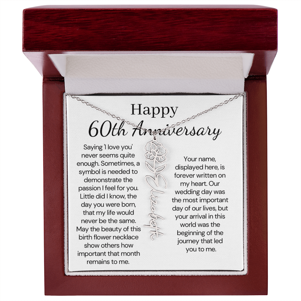 Personalized 60th Anniversary Gift for Wife – Customized Birth Flower Name Necklace – Unique Sixtieth Wedding Anniversary Gift Ideas for Wife from Husband