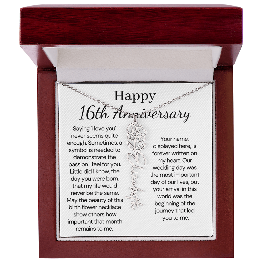 Personalized 16th Anniversary Gift for Wife – Customized Birth Flower Name Necklace – Unique Sixteenth Wedding Anniversary Gift Ideas for Wife