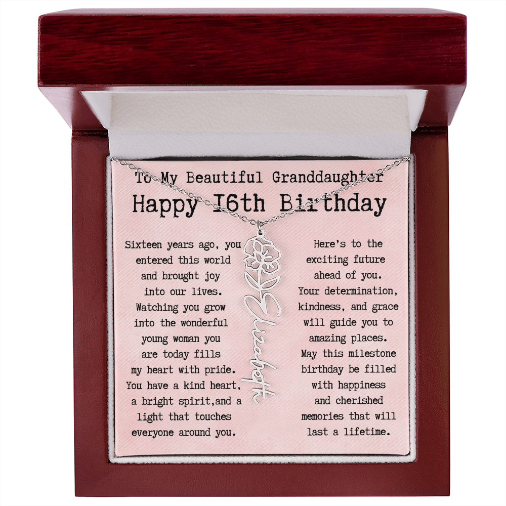 Personalized 16th Birthday Gift for Granddaughter – Customized Birth Flower Name Necklace – Sweet Sixteenth Jewelry Gift from Grandma