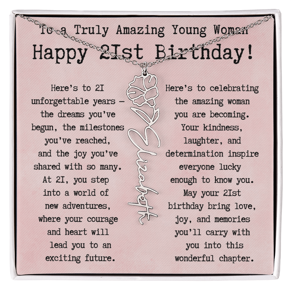 Personalized 21st Birthday Gift for Her – Customized Birth Flower Name Necklace – Unique Twenty-First Birthday Jewelry Gift from Grandma, Mom, Aunt, or Friend
